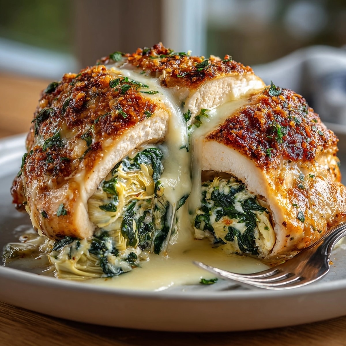 Easy weeknight meal: Cheesy Spinach & Artichoke Stuffed Chicken, steaming, garnished with parsley.