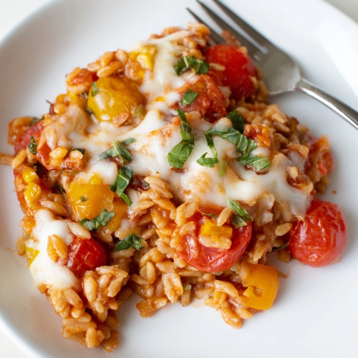 Golden brown Tomato Basil Baked Orzo casserole bubbling hot from the oven; cheesy aroma.