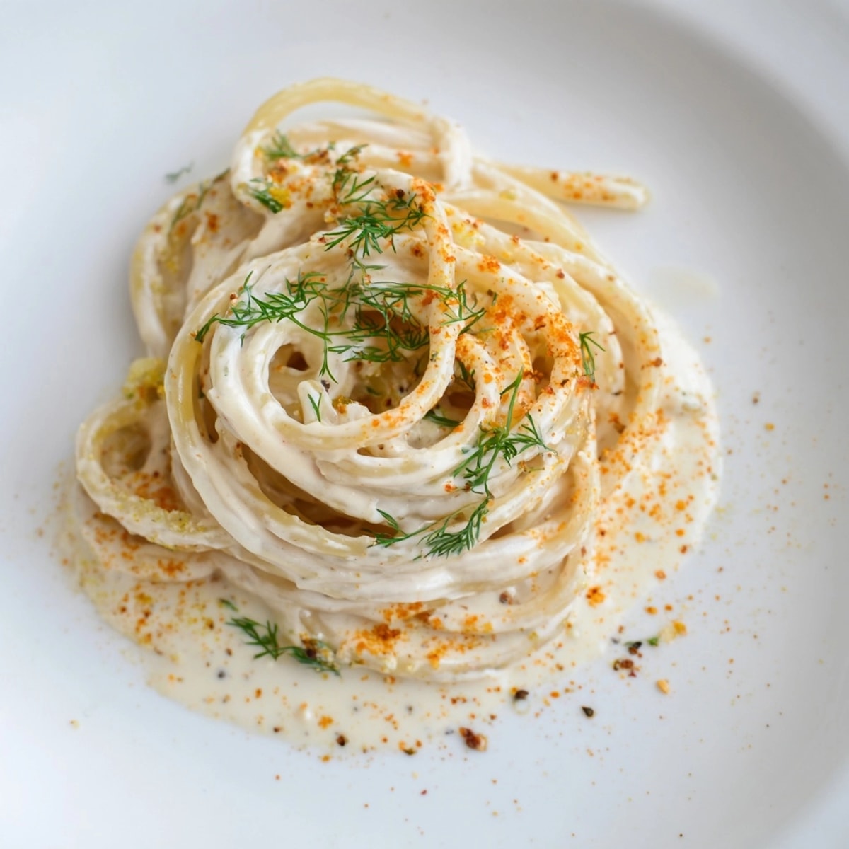 Creamy Turkish Yogurt Pasta with Paprika Butter drizzled golden on twirled spaghetti.