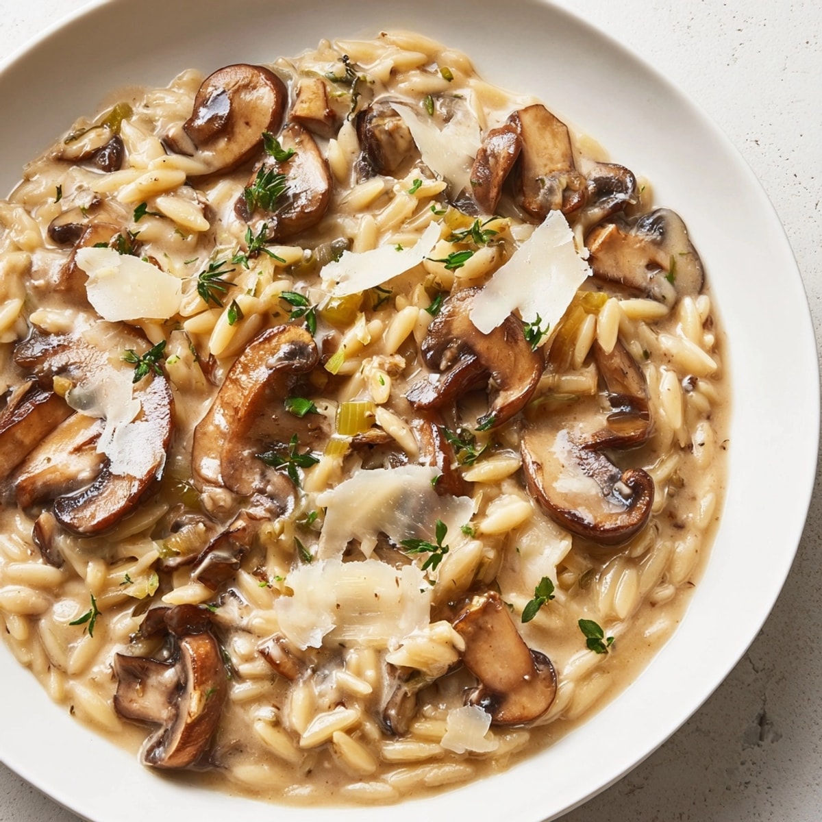 Creamy Mushroom Orzo Skillet: A comforting vegetarian pasta dish, cheesy, with earthy mushroom aroma.