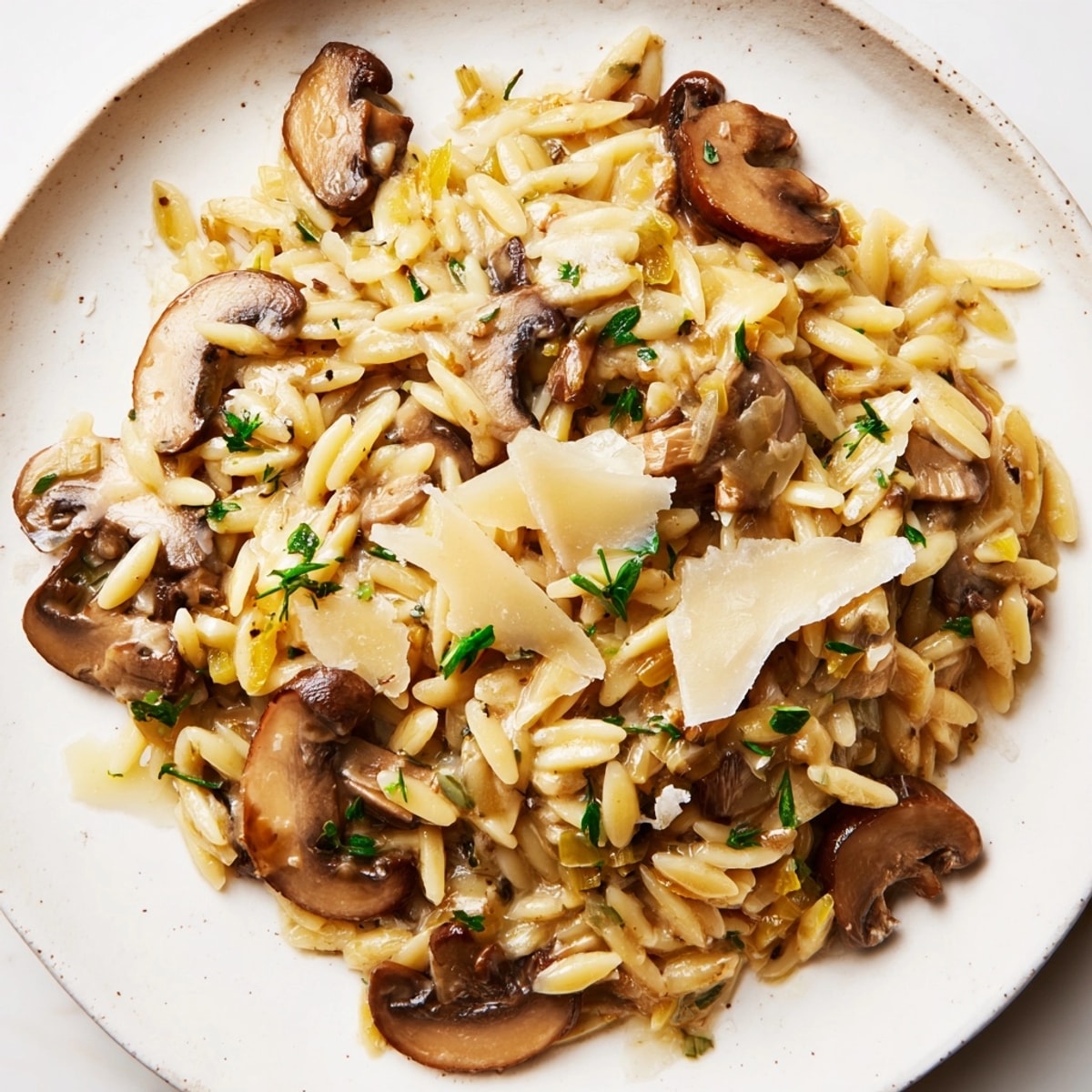 Close-up of Creamy Mushroom Orzo Skillet – a rich, savory & easy one-pan weeknight meal.