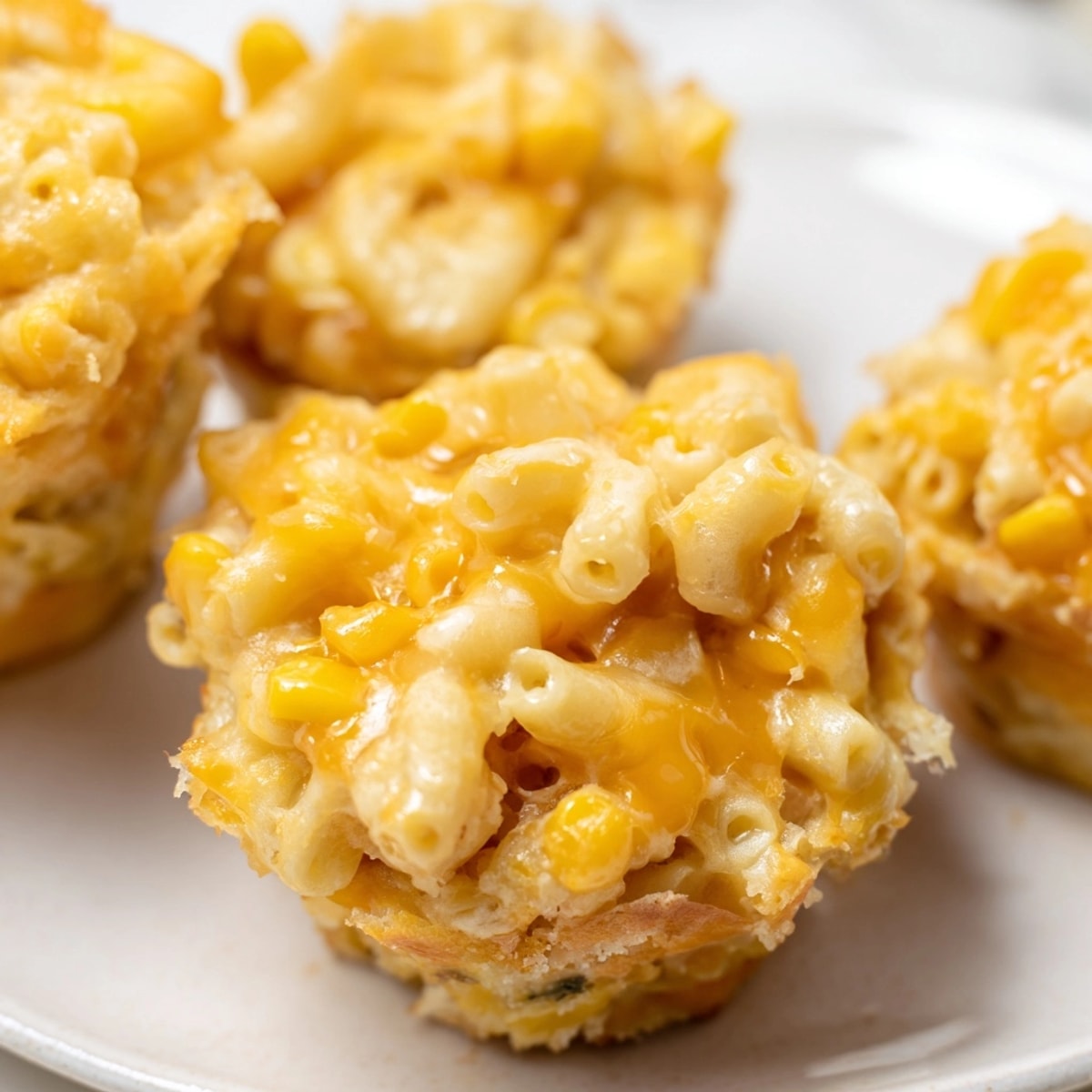 Warm, homemade Mac and Cheese Sweet Corn Muffins with melty cheese oozing out.