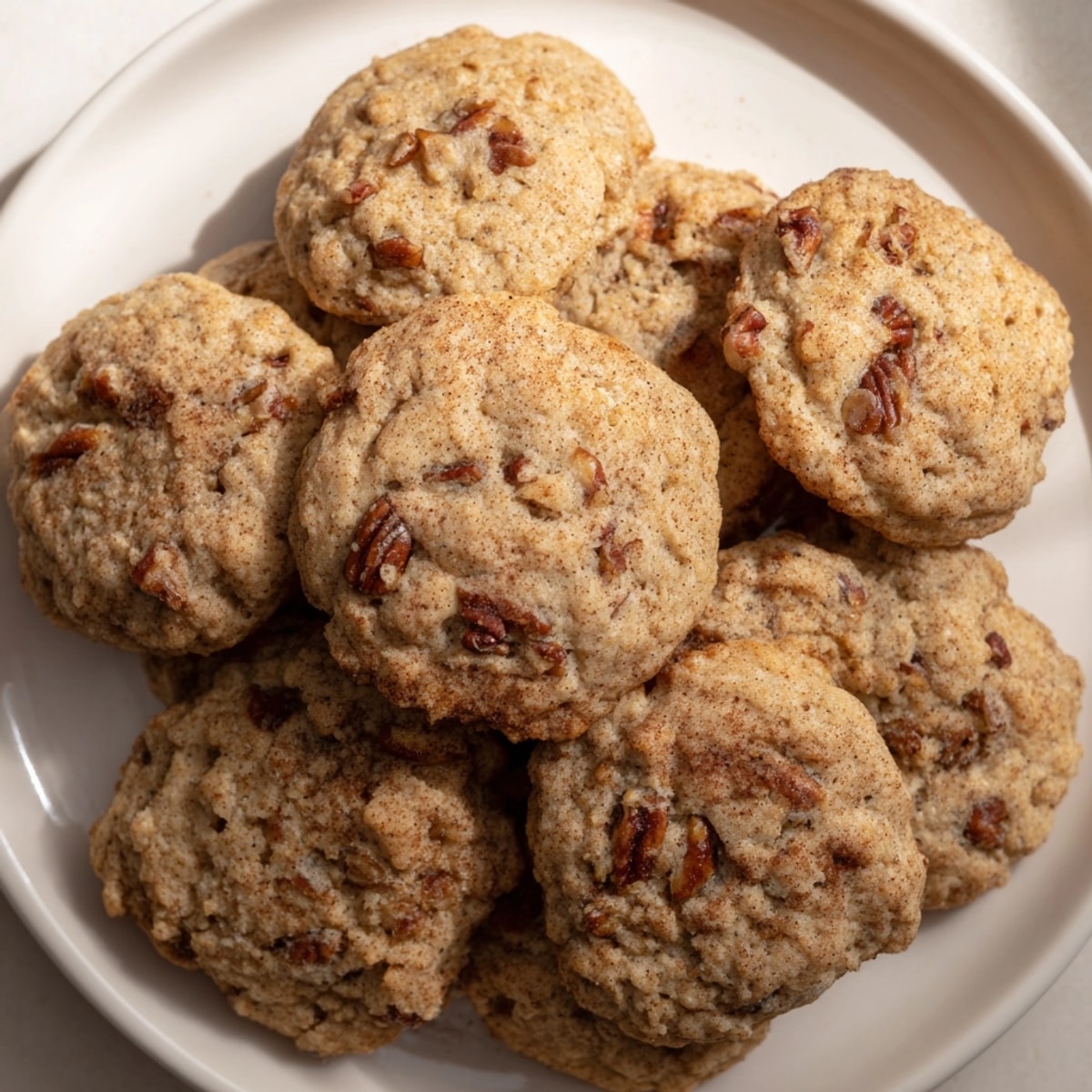 Close-up of warm, chewy Cinnamon Date Pecan Cookies studded with crunchy pecans.