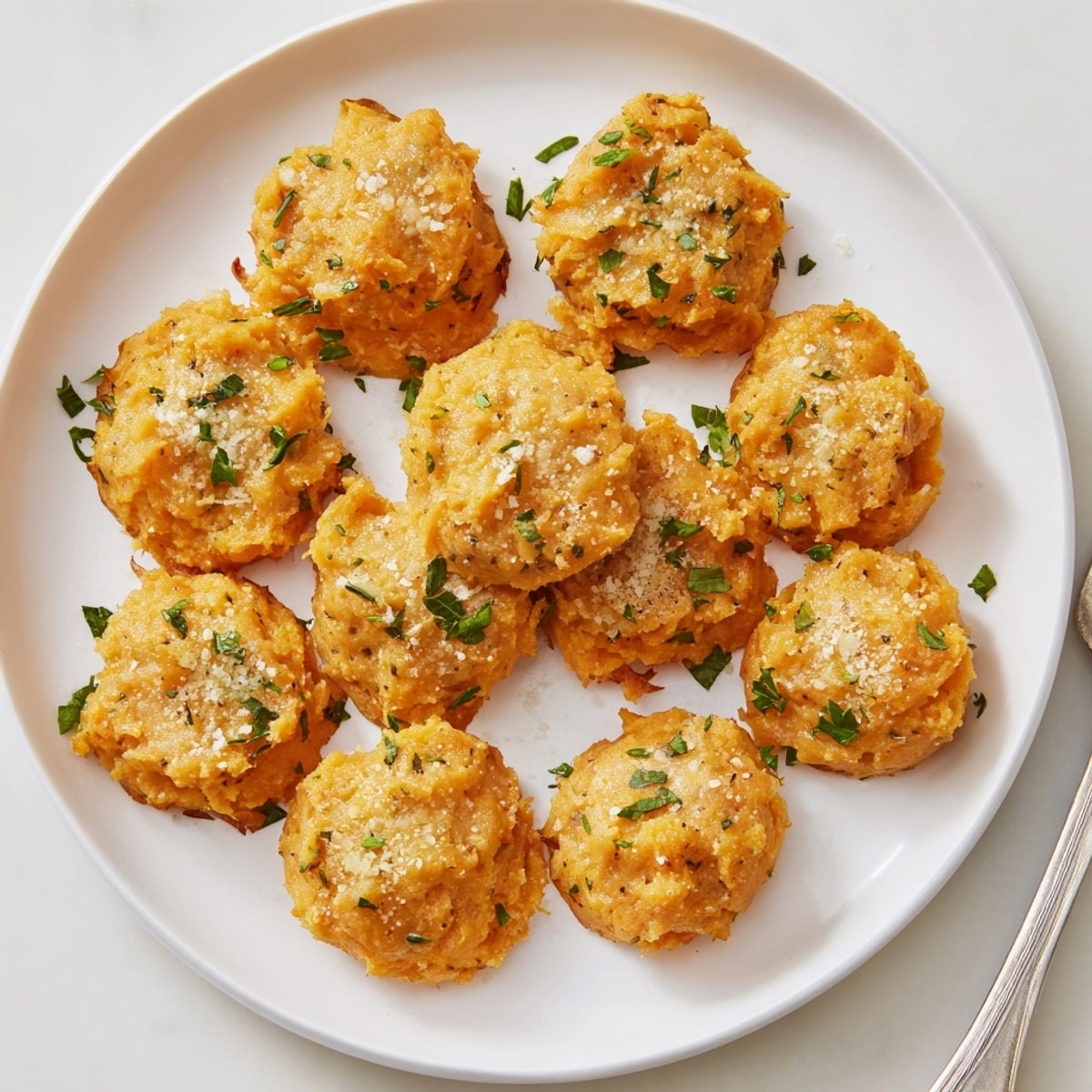 Golden Garlic Parmesan Sweet Potato Puffs fresh from the oven, sprinkled with parsley.