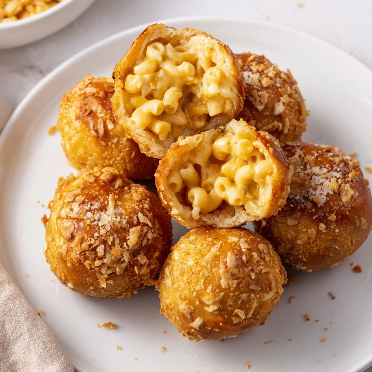 Golden brown Mac and Cheese Jalapeño Pretzel Bites fresh from the oven, ready to serve.