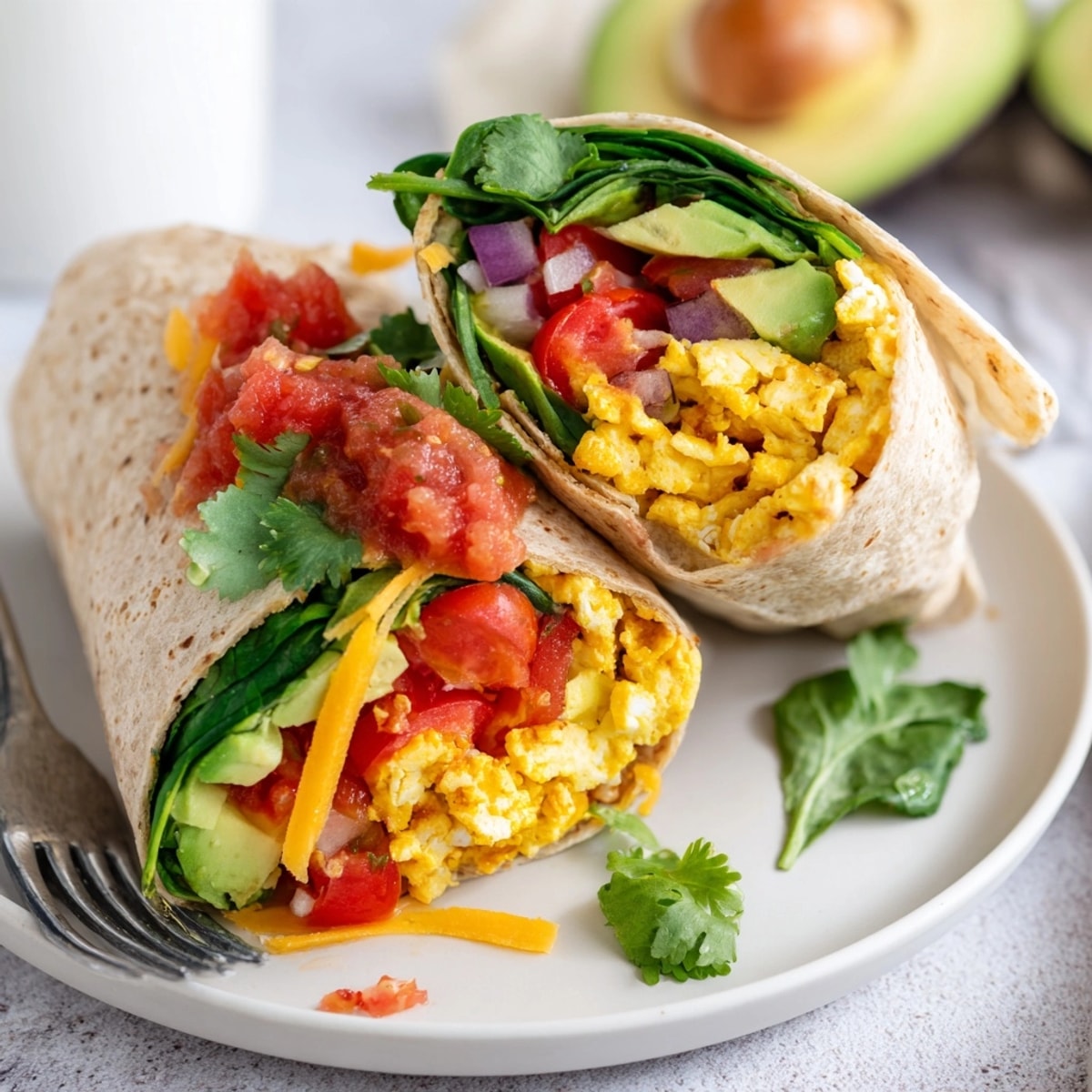 Creamy Avocado Egg White Burrito with vibrant vegetables, wrapped in a warm whole wheat tortilla.