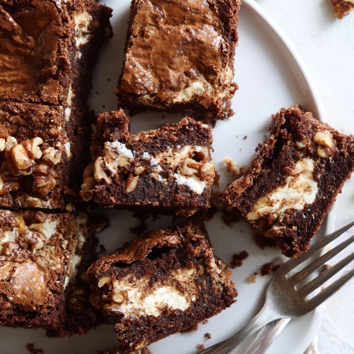 Cinnamon Nut Ricotta Brownies: Swirls of creamy ricotta contrast with dark chocolate, topped with crunchy nuts.
