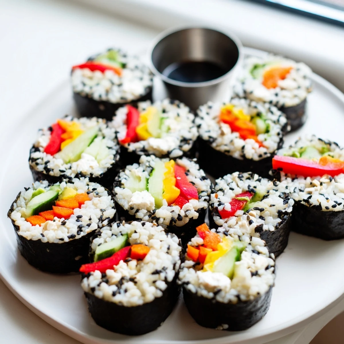 Festive Holiday Snack Sushi Rolls arranged beautifully with vibrant veggies for a colorful appetizer.