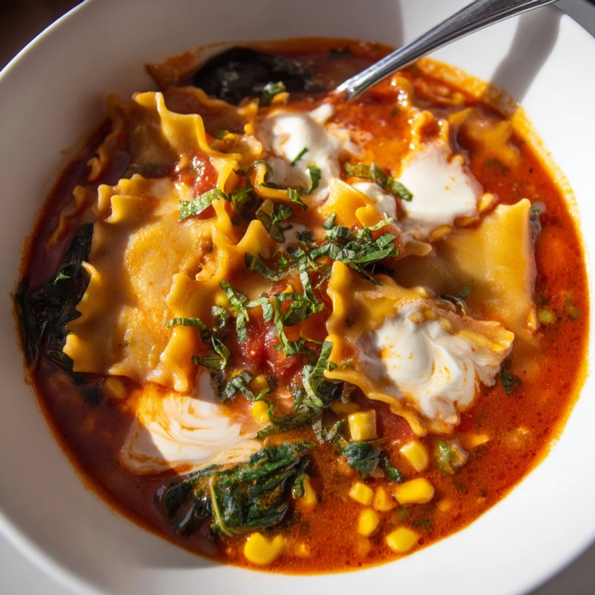 Creamy Lasagne Soup with Sweet Corn Masala served in a rustic bowl.