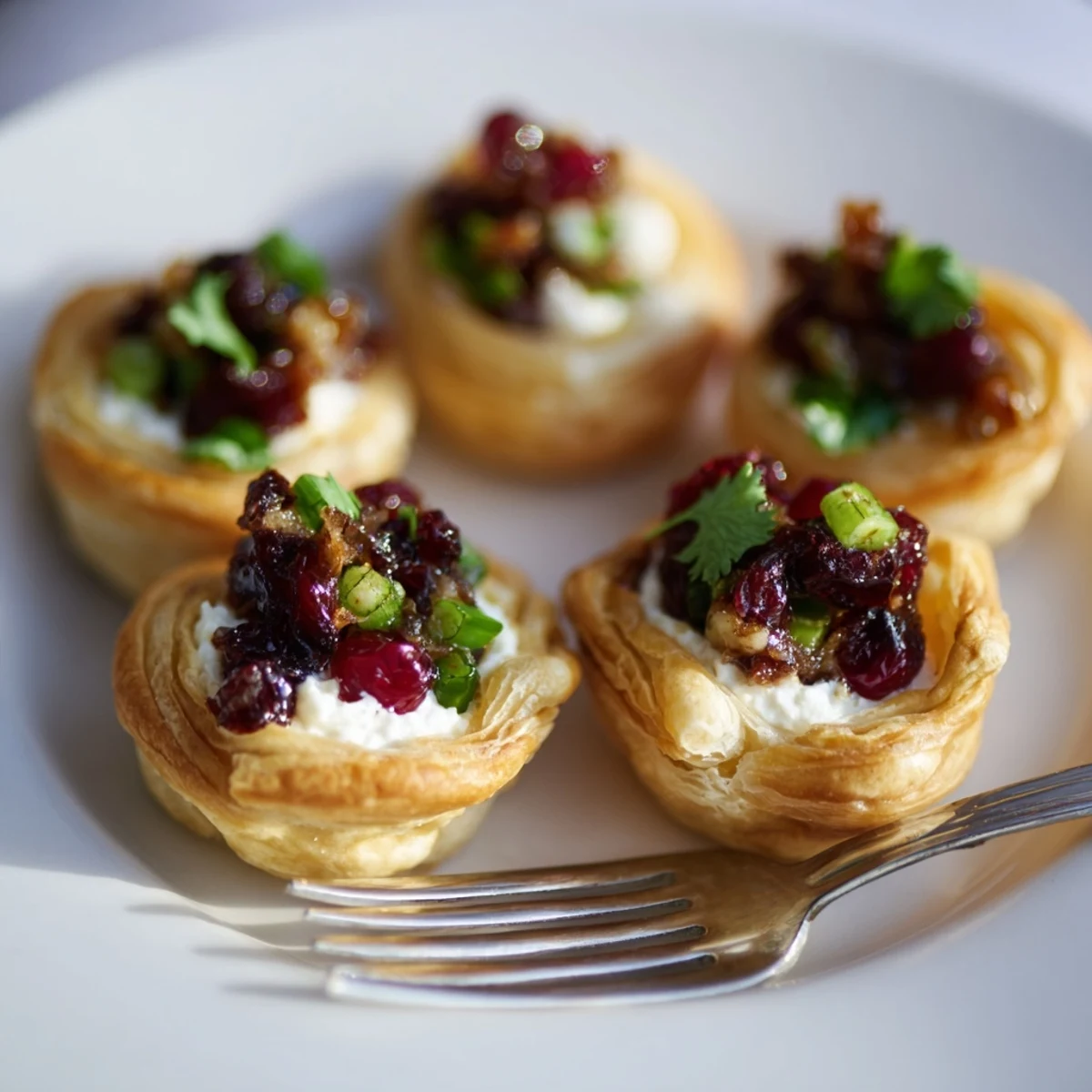 Cranberry Jalapeño Dip Puff Pastries in flaky cups, ideal for festive gatherings.