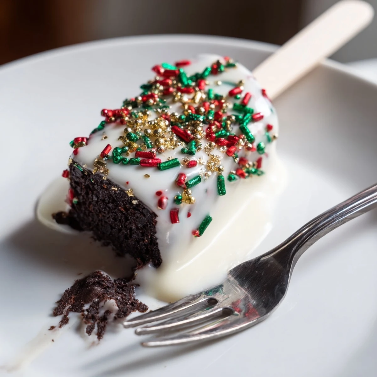 Rich festive Christmas cookie brownie sticks drizzled with white chocolate and sprinkles.