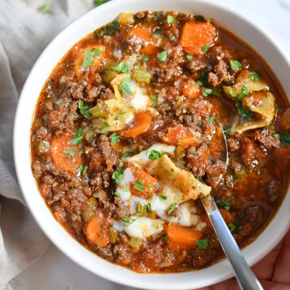 Comforting gluten-free lasagne soup, rich with melted cheese and aromatic herbs.