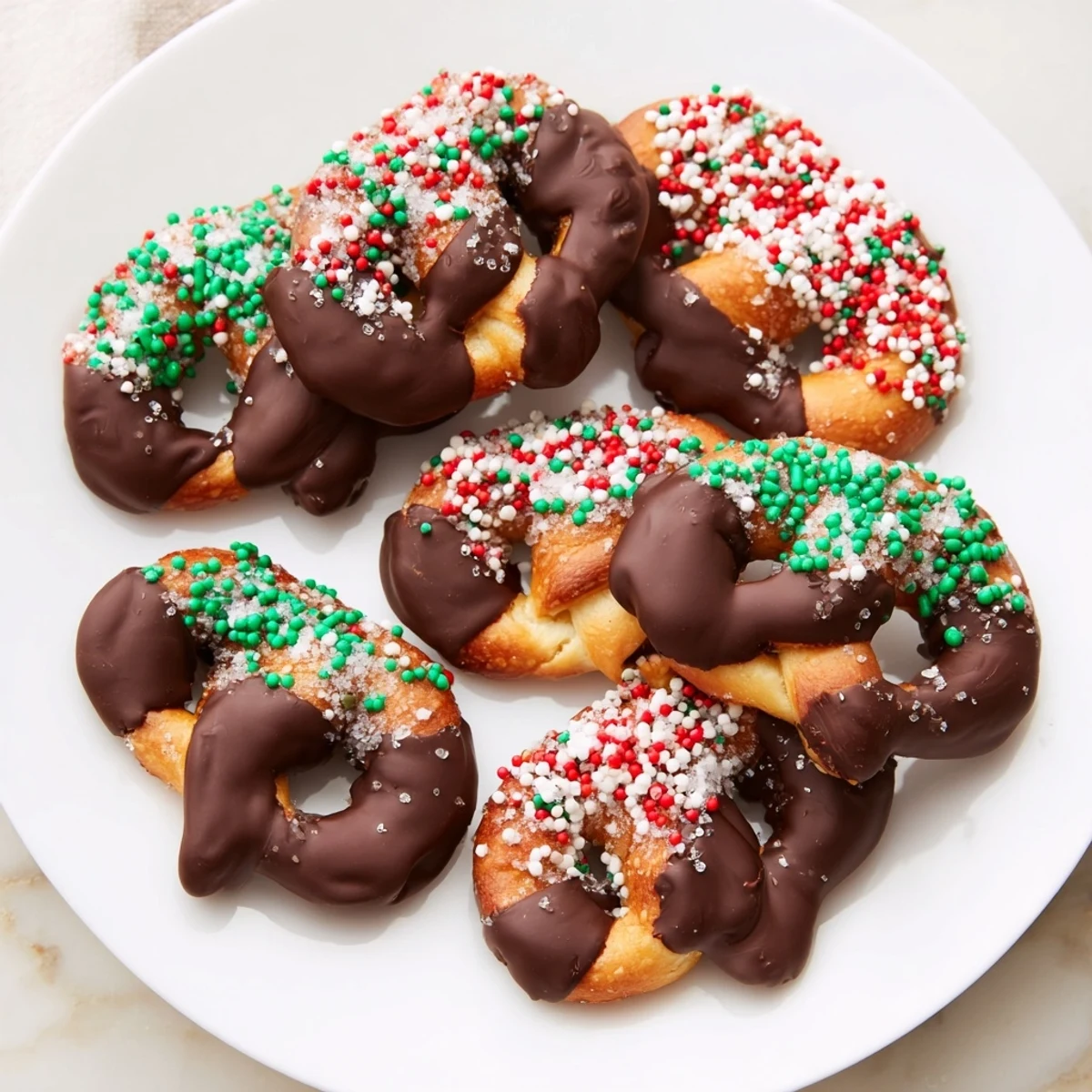 Buttery Festive Pretzel Christmas Cookies adorned with colorful sprinkles and rich chocolate.