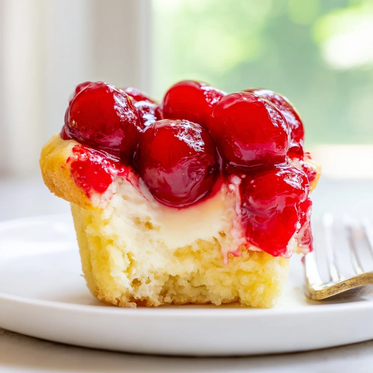 Sliced Cherry Cheesecake Muffin Pie reveals creamy layers and fruity sweetness inside.