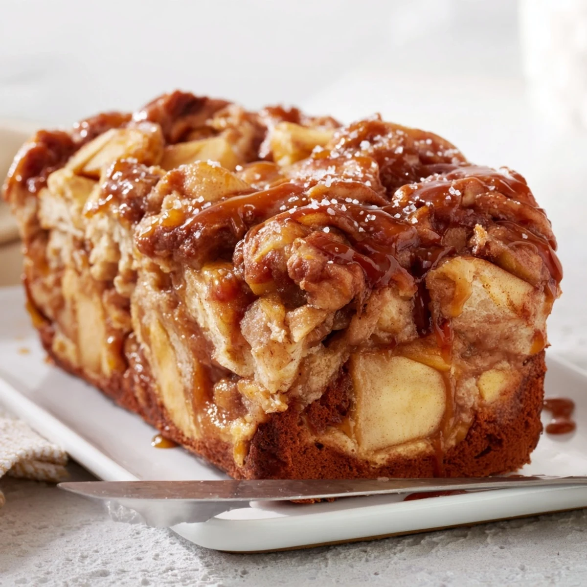 Moist Salted Caramel Apple Fritter Loaf drizzled with luscious salted caramel glaze.
