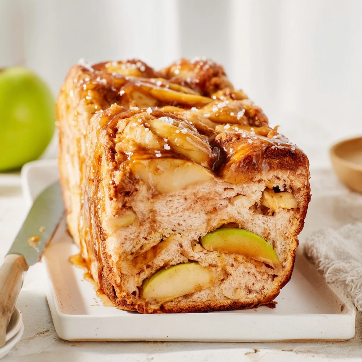 Sliced Salted Caramel Apple Fritter Loaf showcasing juicy apple chunks and cinnamon swirls.