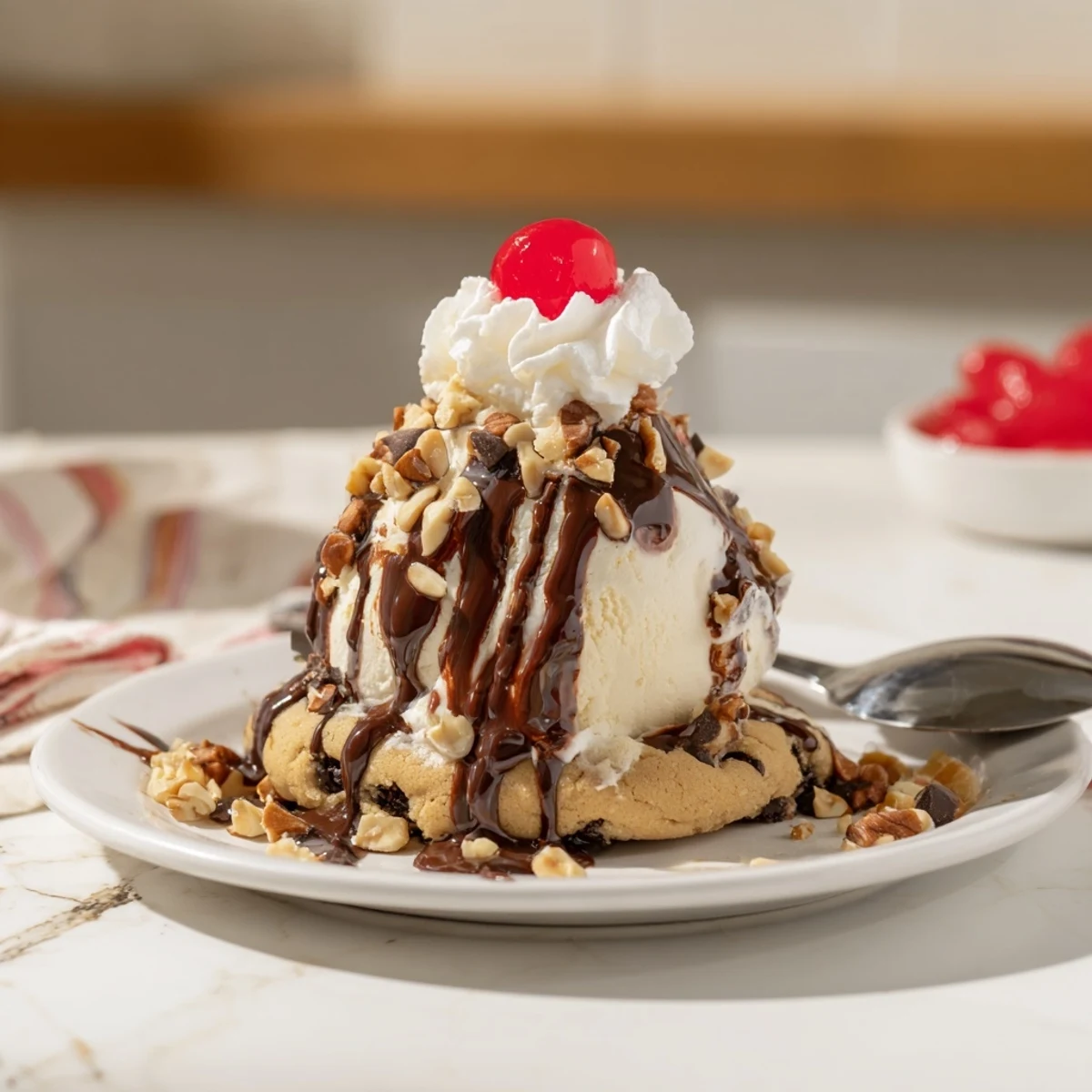 Indulgent Cookie Dough Chaos Bar Sundae with creamy vanilla ice cream and chocolate sauce.