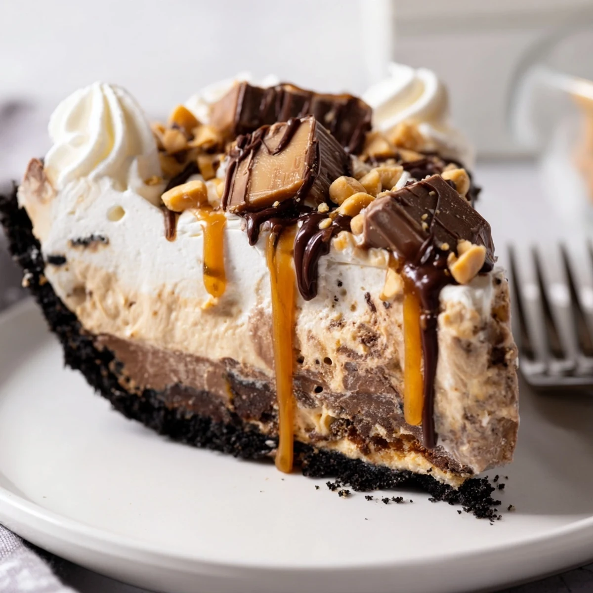 Indulge in a Snickers Soda Float Pie, featuring rich filling and crunchy peanuts.