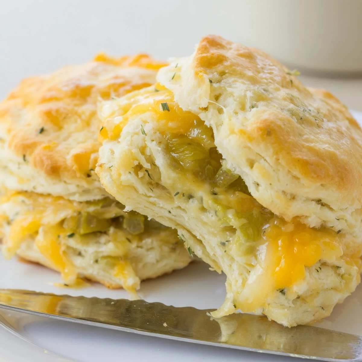 Delicious Cheesy Pickle Stuffed Biscuits, ideal for brunch or as a tasty appetizer.