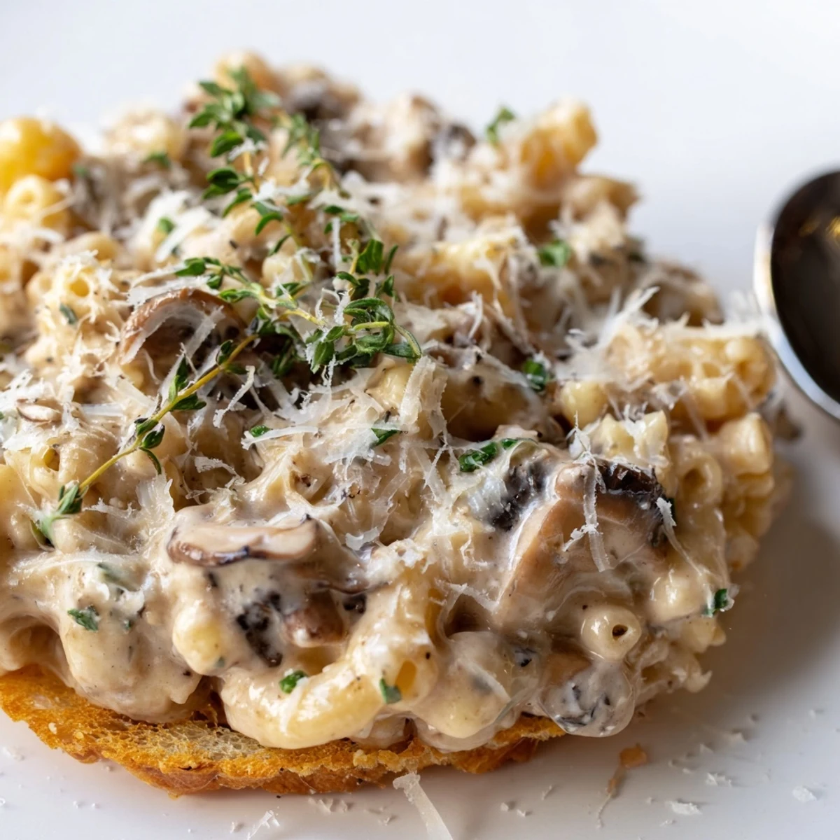 Luxurious Truffled Mushroom Mac Crostini topped with fresh chives and melted cheese.