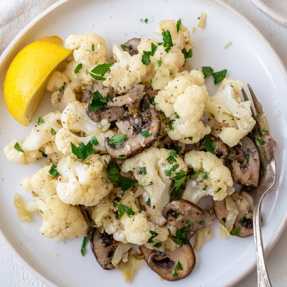 A vibrant garlic cauliflower mushroom skillet, featuring tender veggies and fragrant spices.