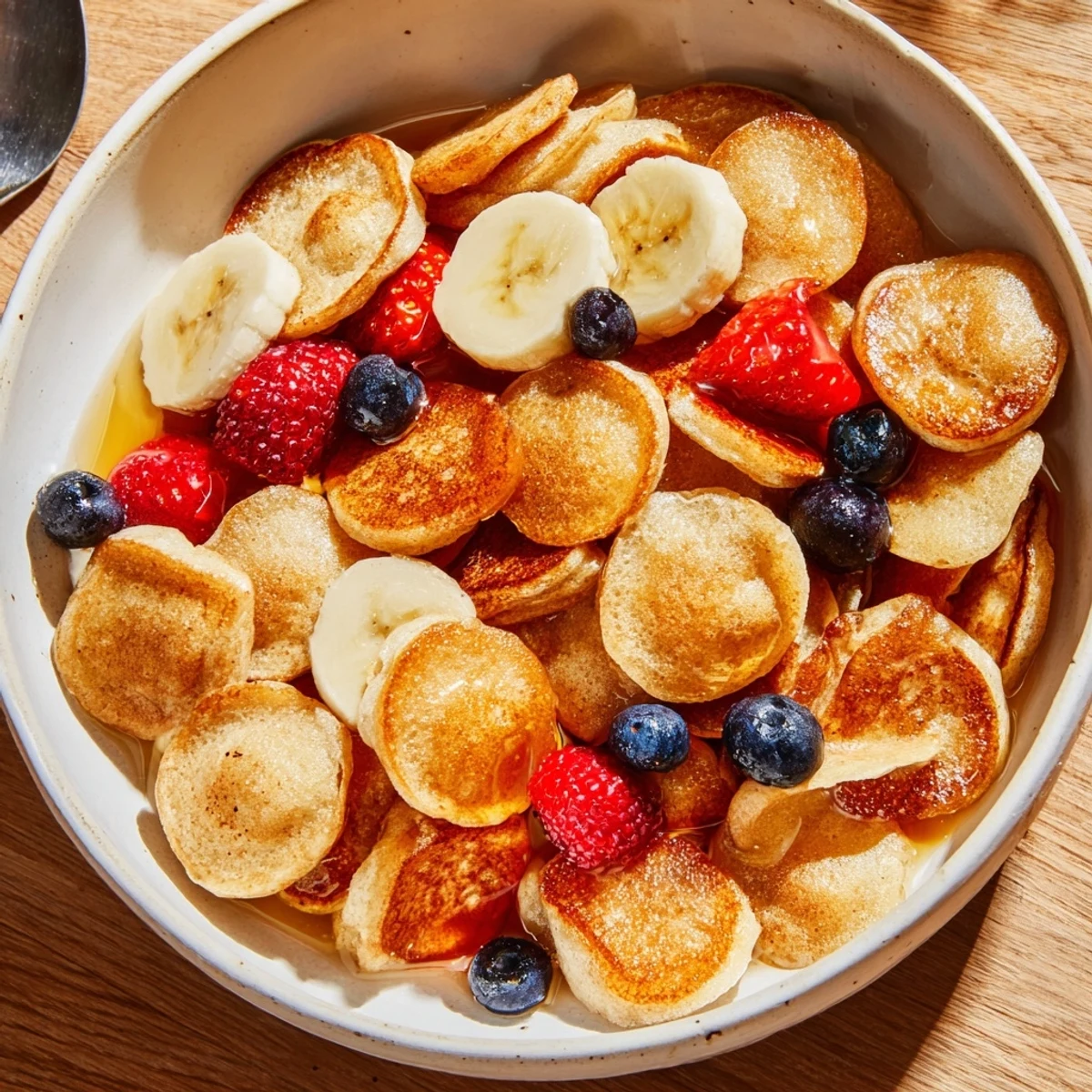 Fluffy mini pancake cereal in a bowl, ideal for a delightful breakfast treat.