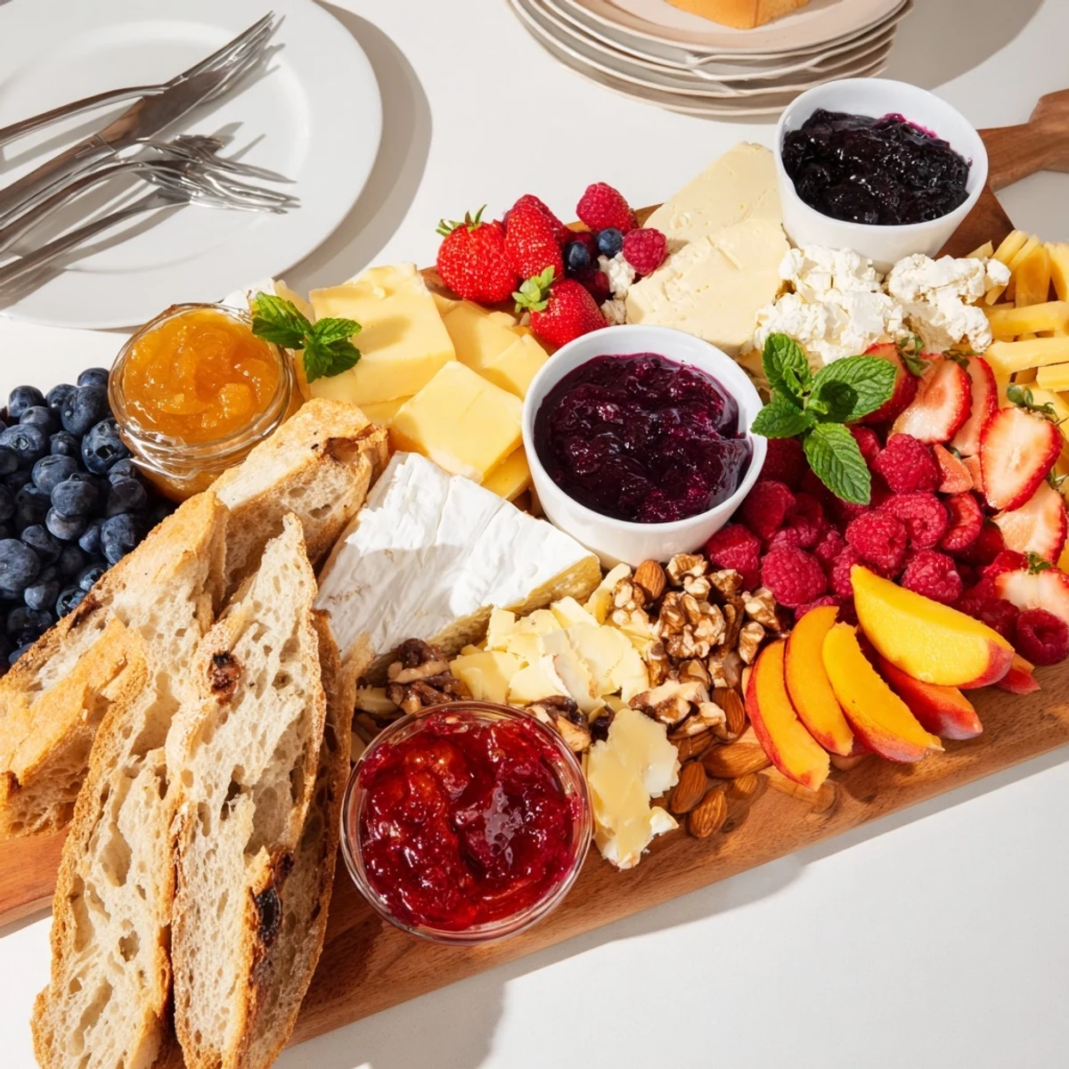 Elegant jam-infused brunch board showcasing sweet jams and creamy cheeses for sharing.