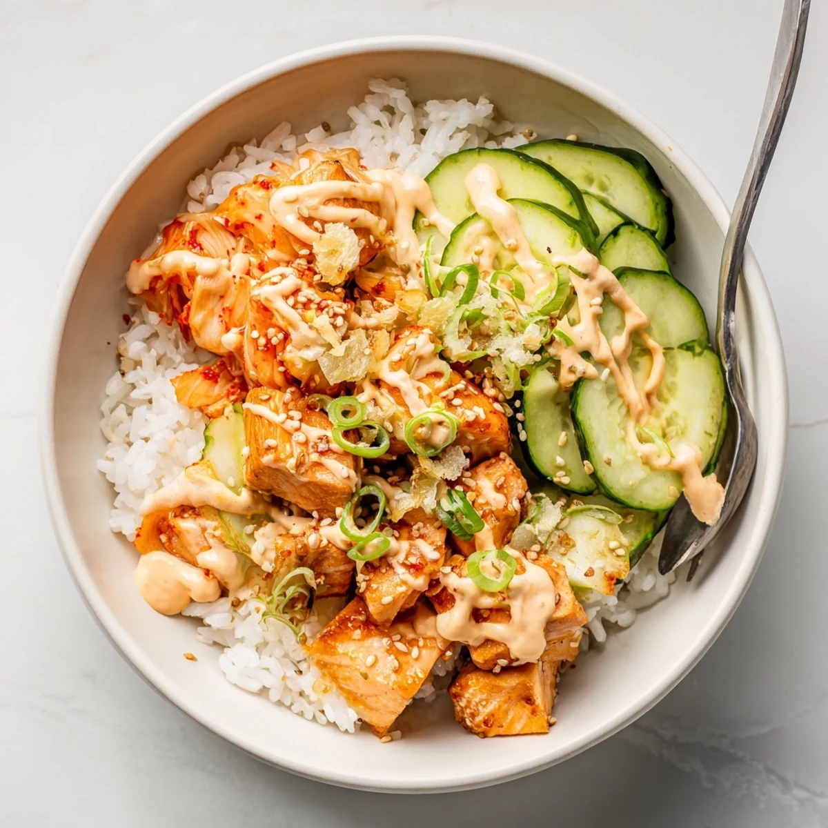Crispy salmon rice bowl topped with spicy mayo, kimchi, and fresh avocado slices.  