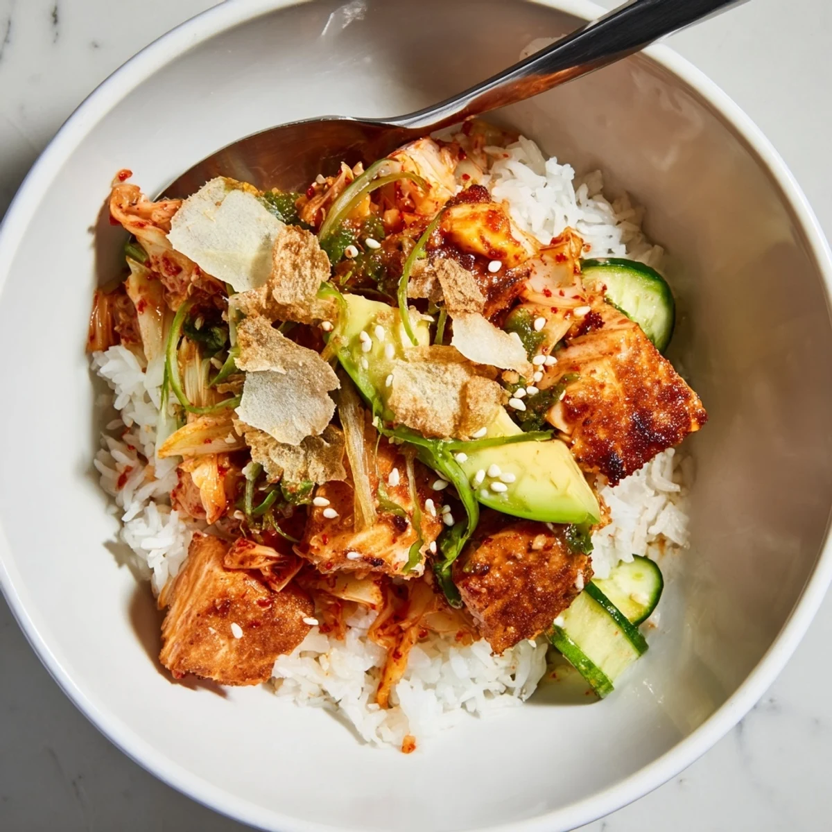 Flavorful crispy salmon rice bowl featuring garlic, creamy avocado, and tangy enhancements.  
