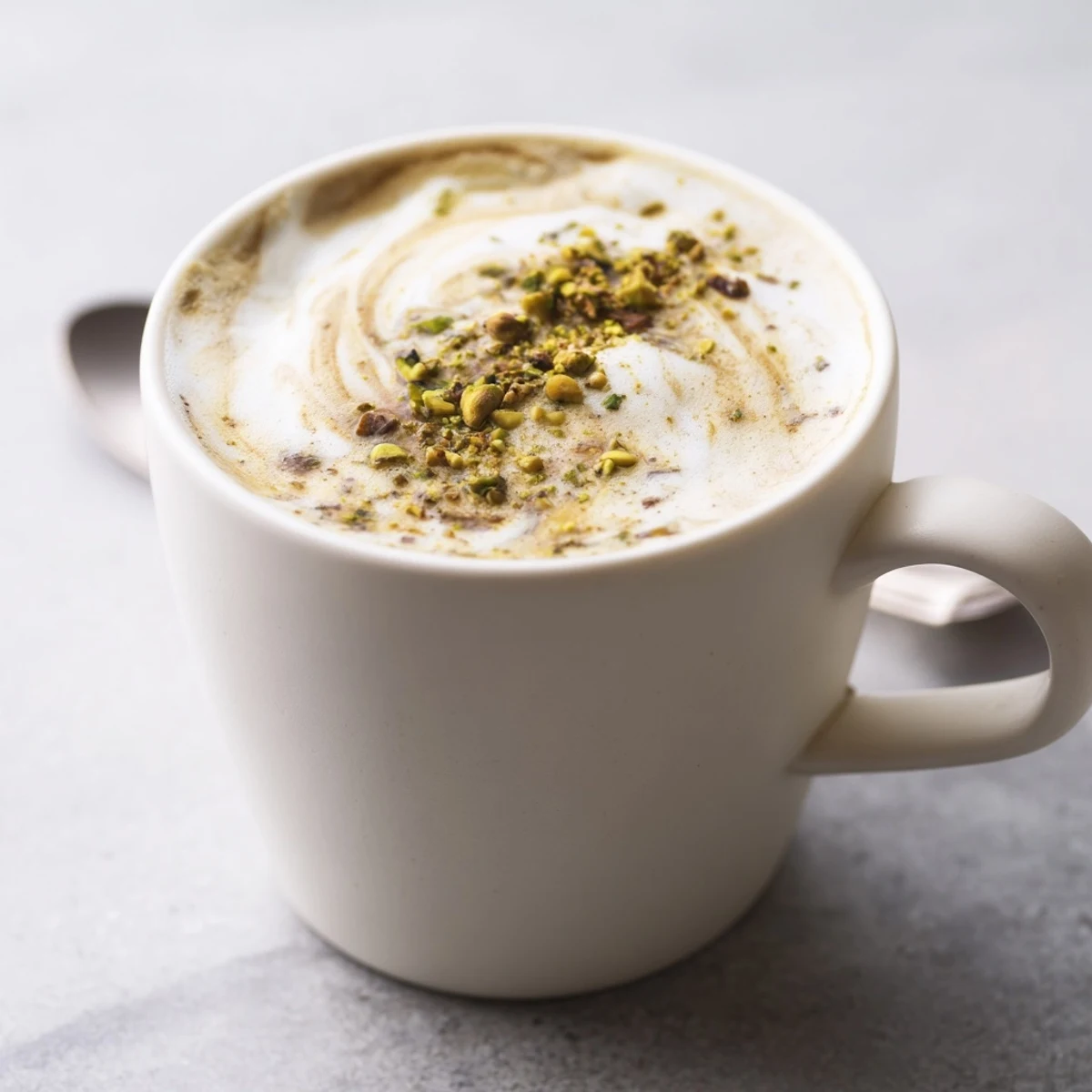 Creamy pistachio milk latte topped with crushed nuts, perfect for coffee lovers.  