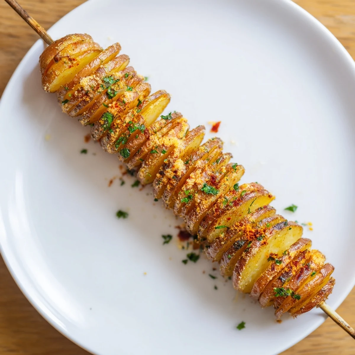 Golden spiral-cut potatoes seasoned with garlic and paprika, perfect for dipping.  