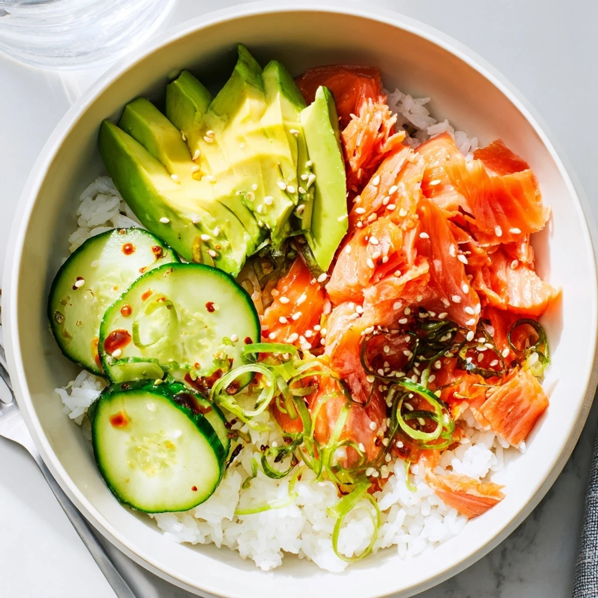 A quick and savory Leftover Salmon & Rice Bowl with flavorful soy drizzle.  