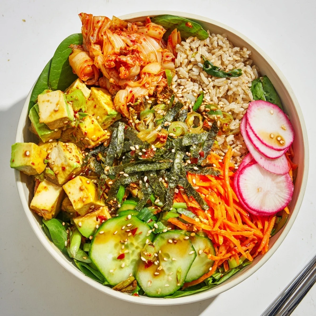 A vibrant fermented vegetable bowl filled with kimchi, fresh greens, and grains.  