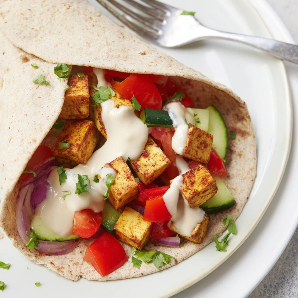 Deliciously satisfying Vegan Viral Recipe re-make drizzled with tahini-yogurt sauce and parsley.  