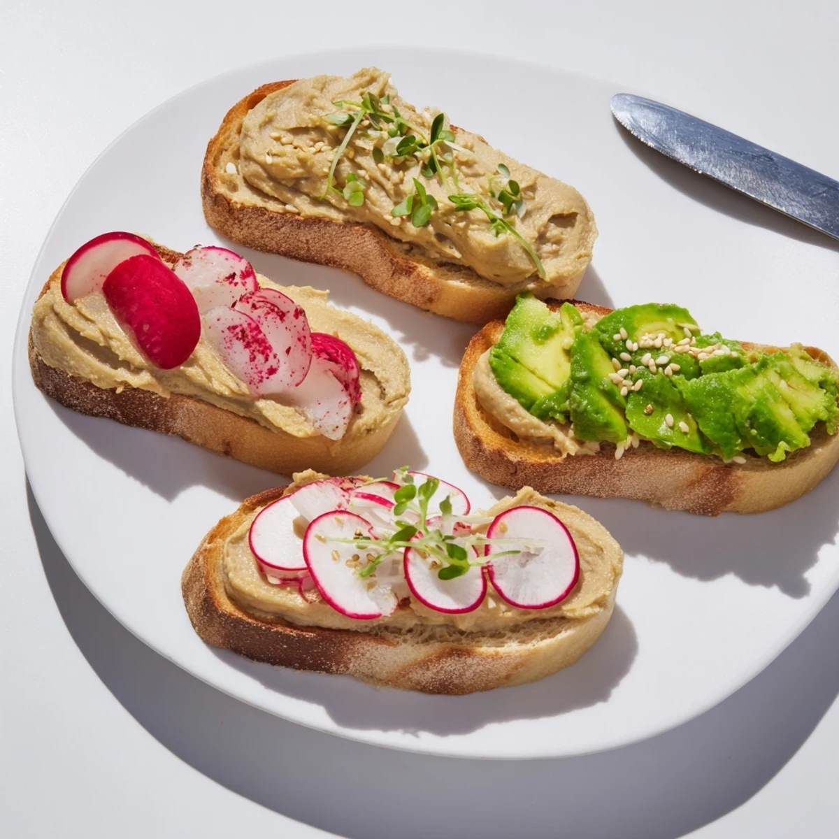 Deliciously layered Bright & Bold Breakfast Toasts with ube, avocado, and crunchy radish slices.