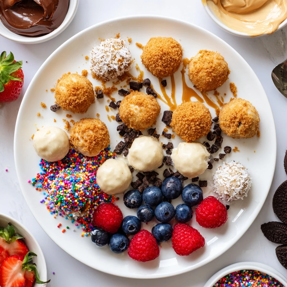 Interactive dessert board features cheesecake bites ready for drizzling with decadent toppings.
