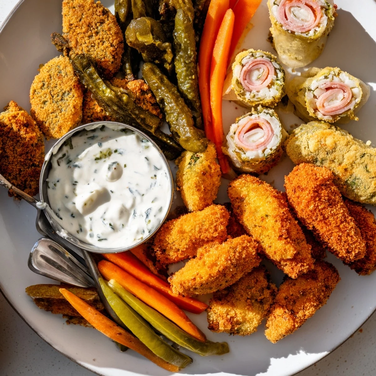 Colorful pickled vegetables surrounding crunchy fried pickles in this delectable Pickle Lovers Meal.  