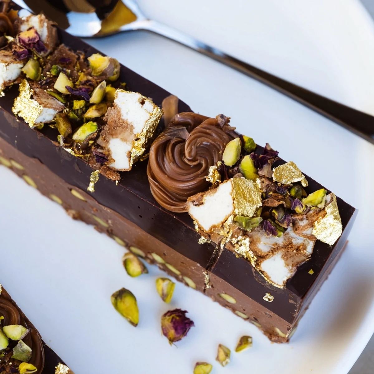 Beautifully garnished chocolate bar inspired creations, featuring rose petals and golden accents.  