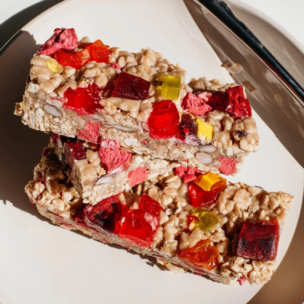 Vibrant freeze-dried candy enhances these chewy homemade gummy snack bars.