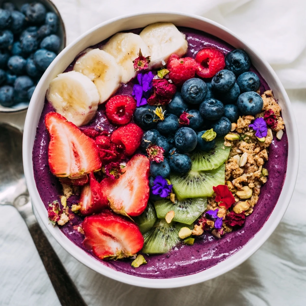 Colorful vibrant smoothie bowls topped with fresh fruits and crunchy pistachios.  