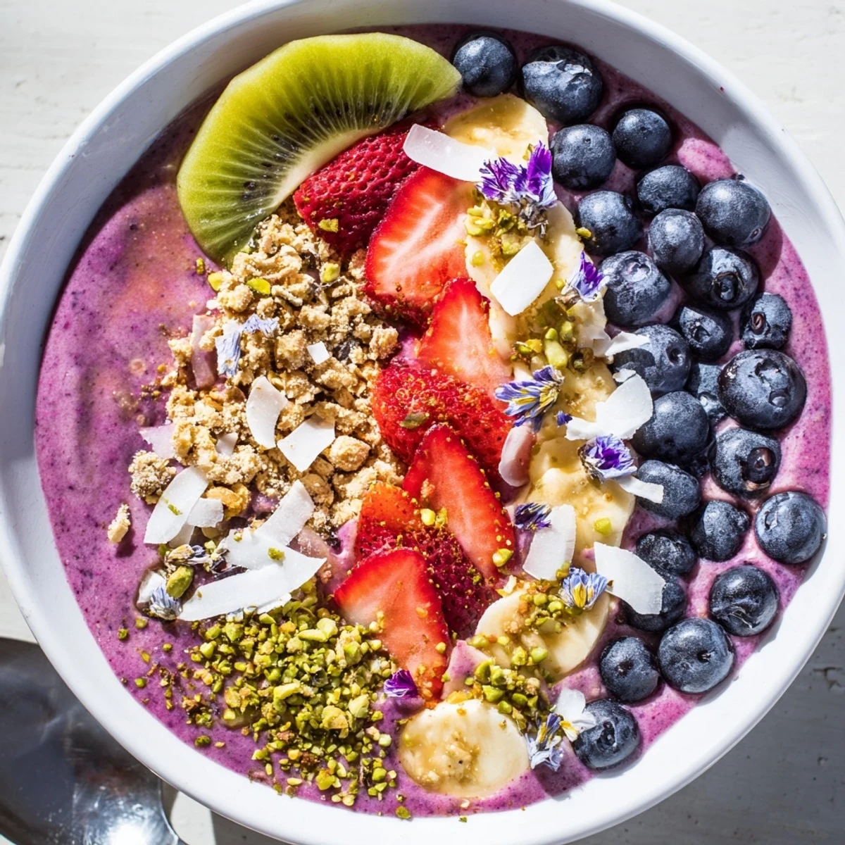 Delicious vibrant smoothie bowls showcasing purple yam, bananas, and berries for breakfast.  