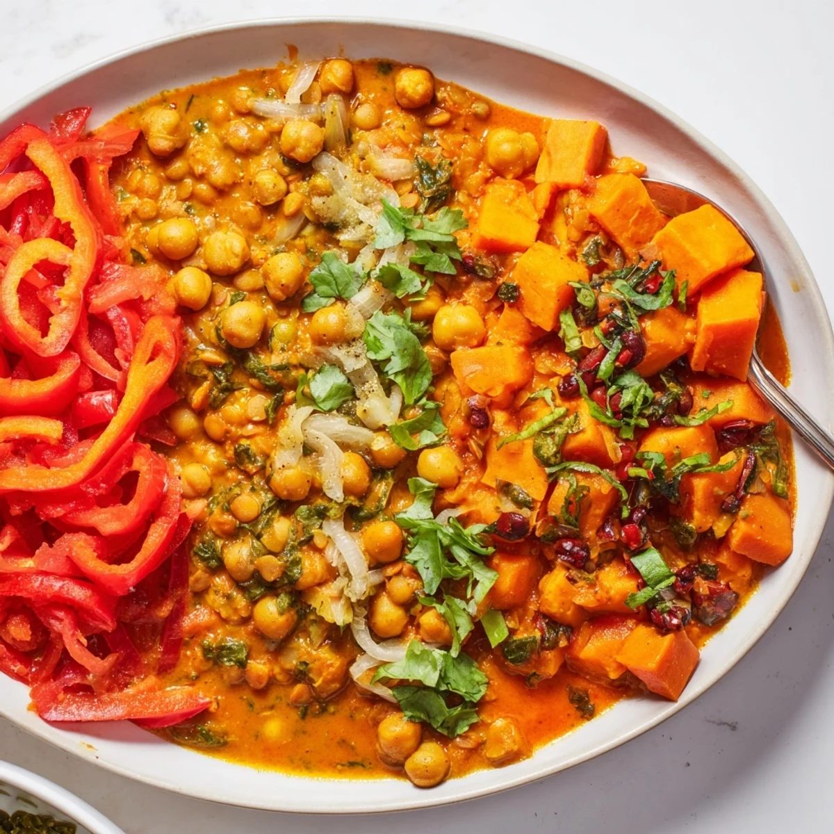 Vibrant Indian Chickpea Curry simmering in a skillet, garnished with fresh cilantro.  