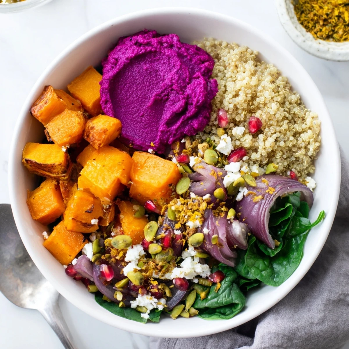 Roasted winter vegetables create a vibrant spiced winter bowls of flavor and warmth.  