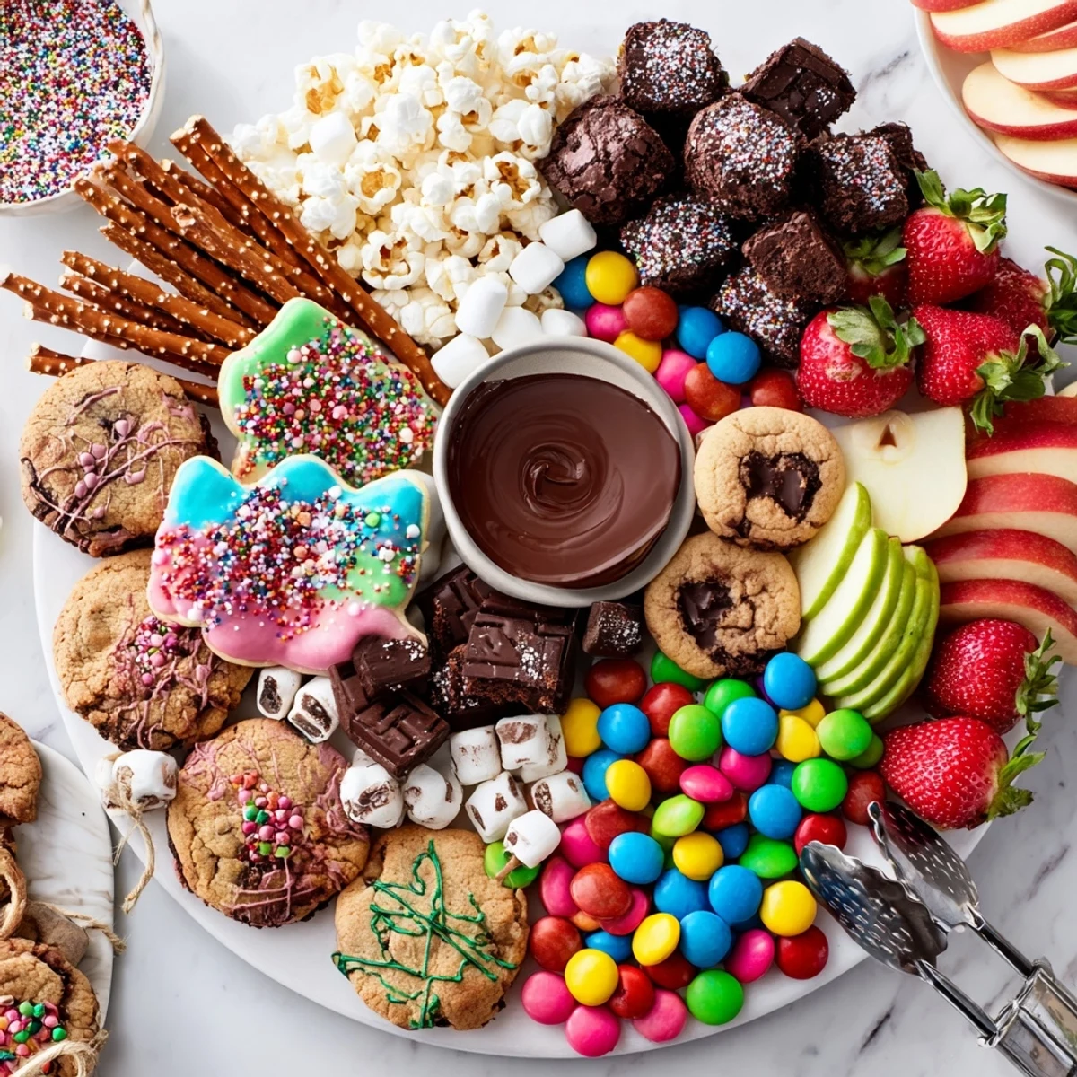 A colorful dessert board with themed snacks and vibrant fruits for sharing.  