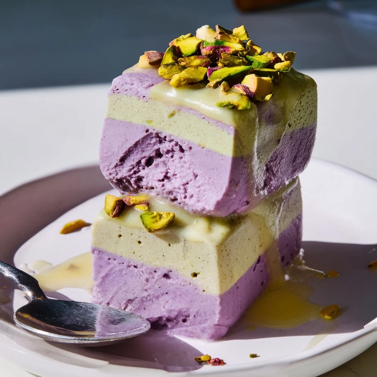 Colorful layers of ube and pistachio ice cream bars drizzled with condensed milk.  