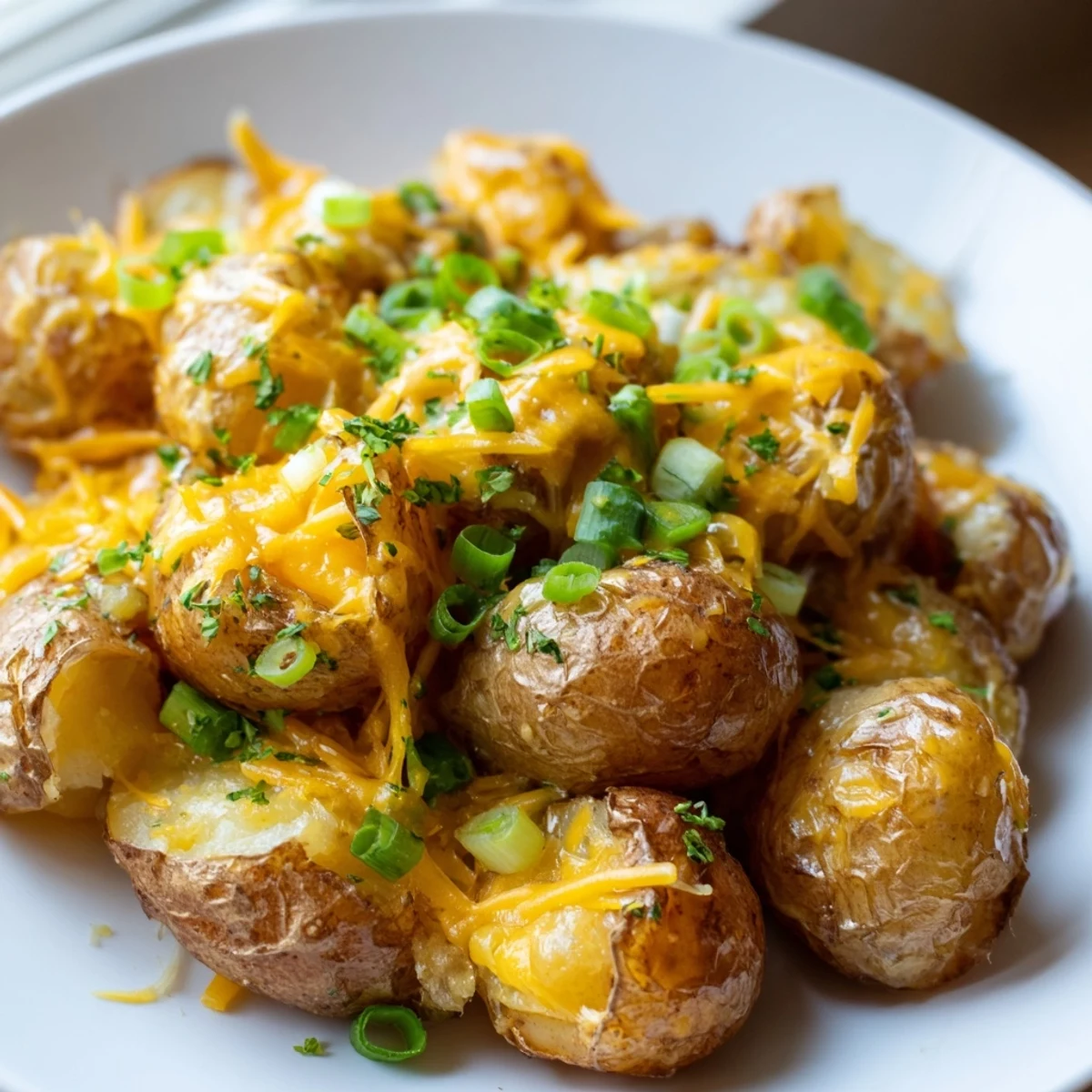Crispy smashed green onion potato bombs topped with melted cheddar cheese and herbs.  