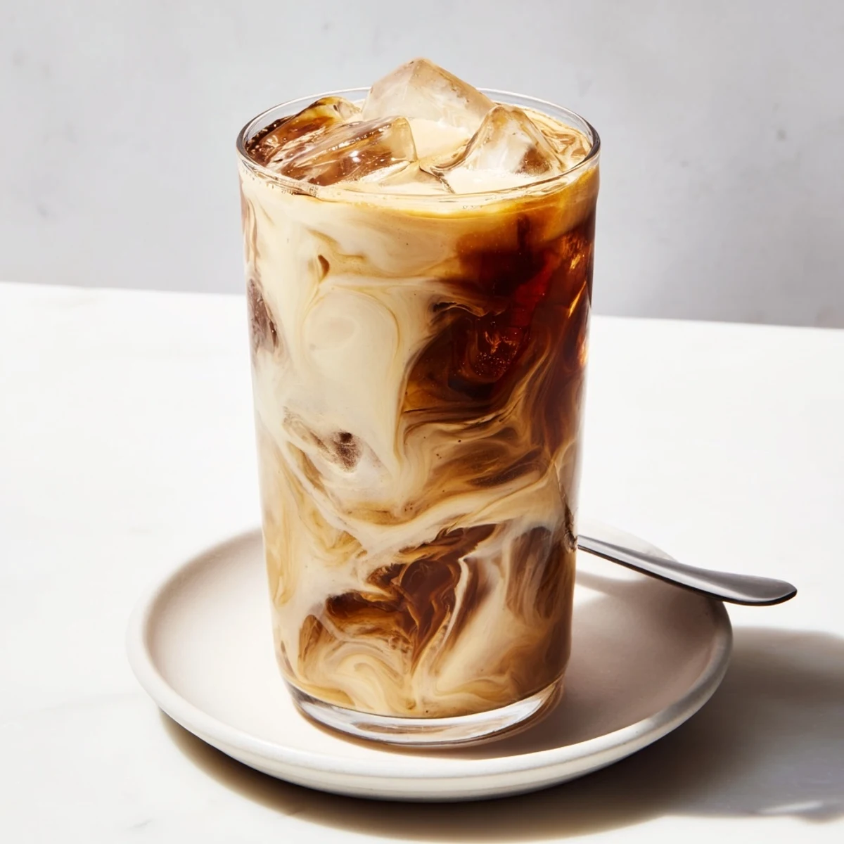 A creamy tahini iced coffee filled with cold brew and almond milk.  