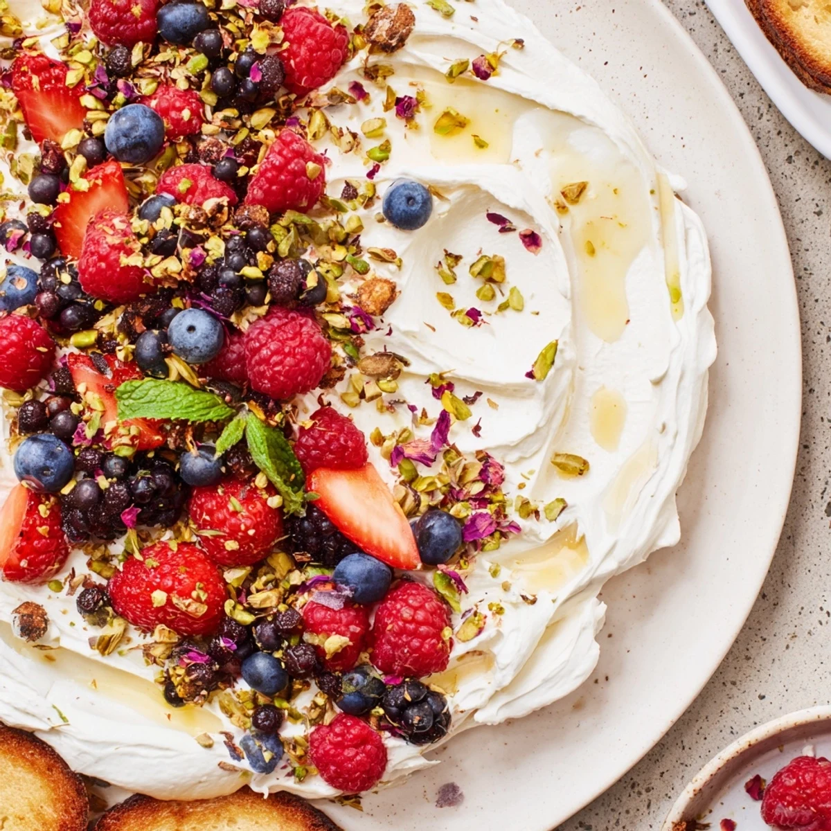 Fluffy butter board dessert featuring berries and cream cheese, perfect for sharing.  