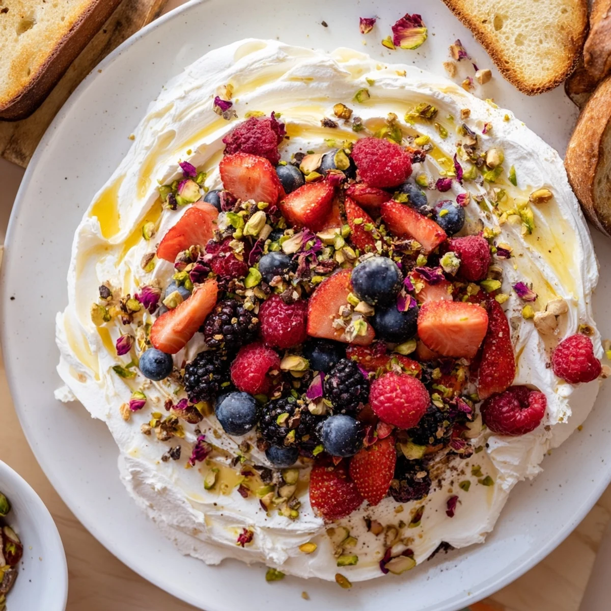 A colorful display of whipped cream cheese, fresh berries, and nuts on a board.  