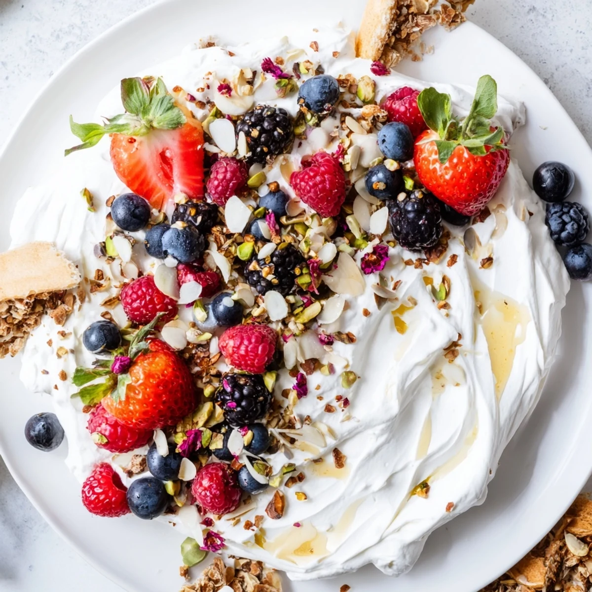 Creative Butter Board Dessert Version with berries, nuts, and drizzled honey on toast.  